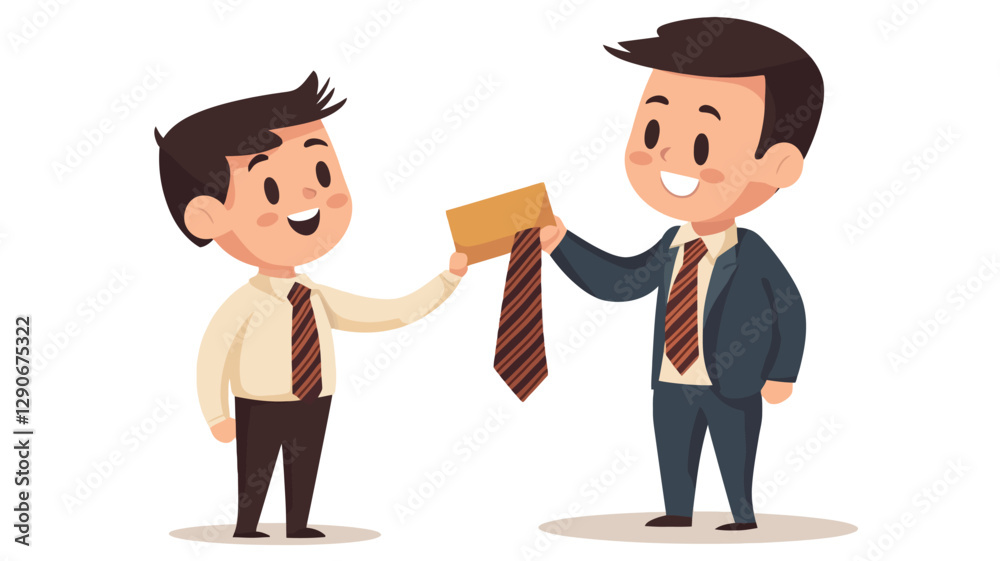 The illustration shows two cartoon businessmen. One is handing the other a gift and a necktie. Both men are smiling. The style is simple, flat vector illustration with bold outlines and The illustration shows two cartoon businessmen. One is handing the other a gift and a necktie. Both men are smiling. The style is simple, flat vector illustration with bold outlines and