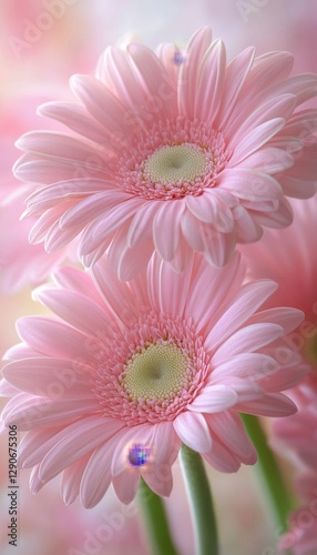 Delicate Beauty Two Soft Pink Gerbera Daisies in Bloom on a Blurred Background, Floral Love
