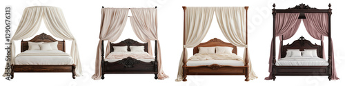 Luxurious and Elegant Canopy Bed in a Traditional Bedroom with Ornate Wooden Furniture Carved Headboard and Flowing Curtains