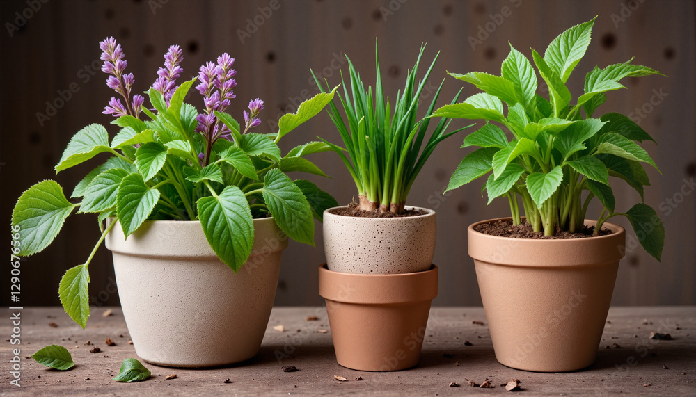 Charming collection of potted plants with vibrant greenery on wooden table, promoting eco-friendly living Charming collection of potted plants with vibrant greenery on wooden table, promoting eco-friendly living