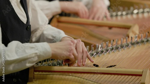 Close-up of musicians playing the kokle, a traditional Latvian string instrument, with fingers delicately plucking the strings, highlighting the craftsmanship, precision, and cultural heritage