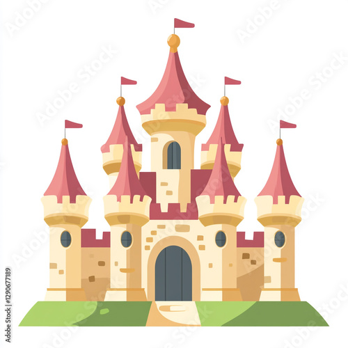 Wallpaper Mural An illustration of a colorful castle with multiple towers, blue and pink roofs, and small flags on top. It is interesting due to its fairy-tale-like design and vibrant colors. Torontodigital.ca