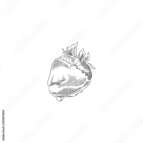 Strawberry in melted chocolate hand drawn vector engraved illustration, berry in dripping fondue sketch, natural dessert