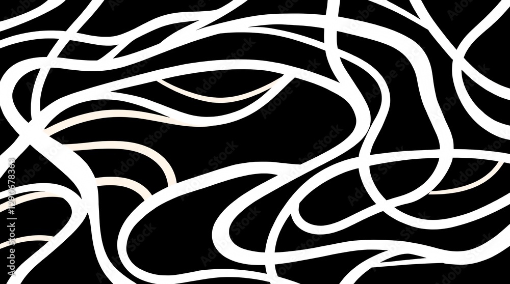 Fototapeta premium Abstract Black and White Wavy Stripes, Modern Minimalist Art, Dynamic Flowing White Lines on Black Background, Vector Illustration