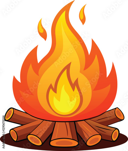 Warm and cozy burning bonfire clipart with wood on white background. Camping hot fireplace with animated fire flame and wood timber isometric vector illustration.