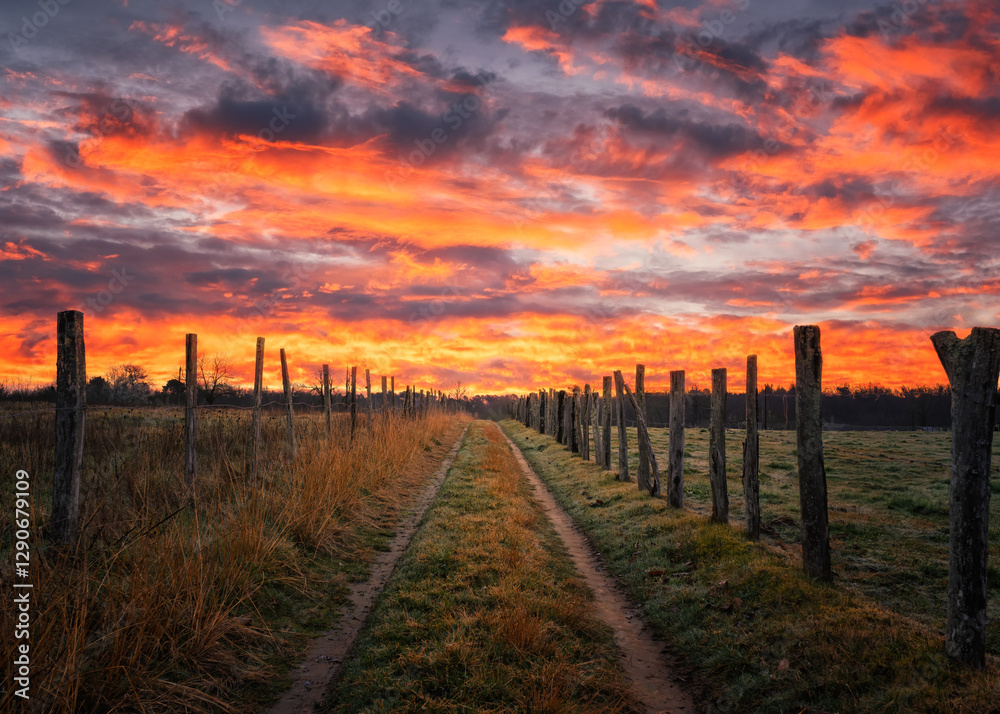 Obraz premium Beautiful and dramatic orange sunrise over a farm track lined by wooden posts in the Dordogne region of France.