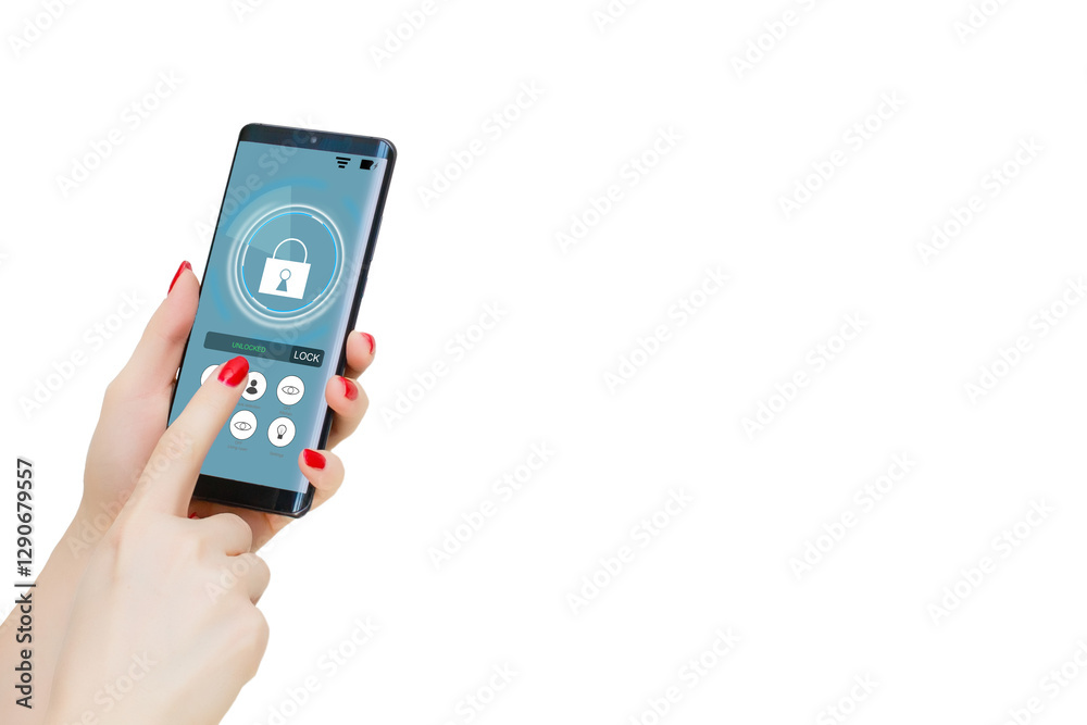 isolated woman hand holding the phone with system smart house isolated woman hand holding the phone with system smart house