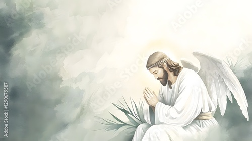 Glowing Angel Comforts Jesus in Serene Watercolor Prayer Scene   Depiction of Christ in deep contemplation surrounded by a soft ethereal glow and the comforting presence of a divine angelic figure