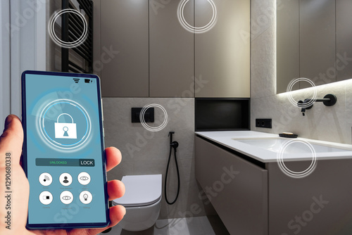 Female hands holding phone with app smart home screen in room house photo