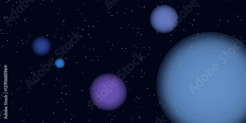 Colorful planets in space blue and purple spheres, starry night sky exploration