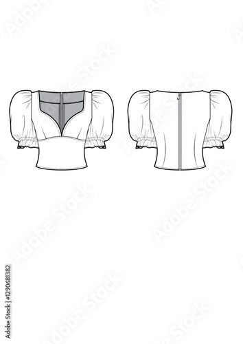 puff volume short sleeve sweetheart neckline crop summer top technical drawing / flat sketch /CAD / ADOBE Illustrator vector digital download