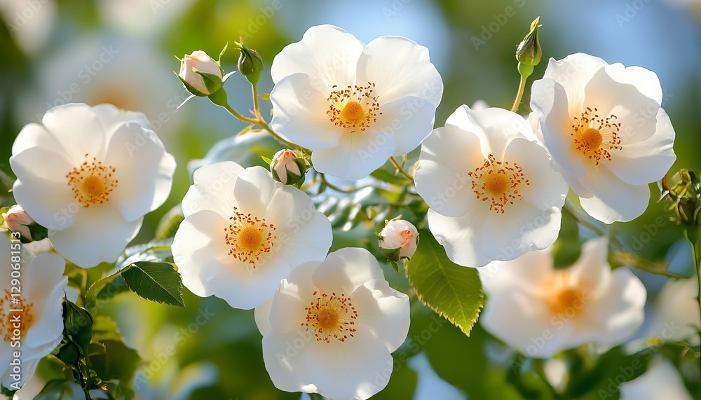 White Dog Rose Blossoms, Green Leaves, and Buds A Close-up in Bright Summer Sunlight White Dog Rose Blossoms, Green Leaves, and Buds A Close-up in Bright Summer Sunlight