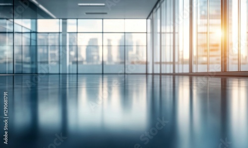 Wallpaper Mural Beautiful blurred background of an empty modern office interior with panoramic windows and glass walls, a large open space for equipment on the floor. Torontodigital.ca