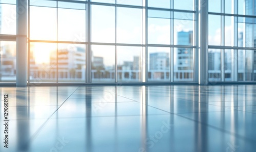 Beautiful blurred background of an empty modern office interior with panoramic windows and glass walls, a large open space for equipment on the floor.