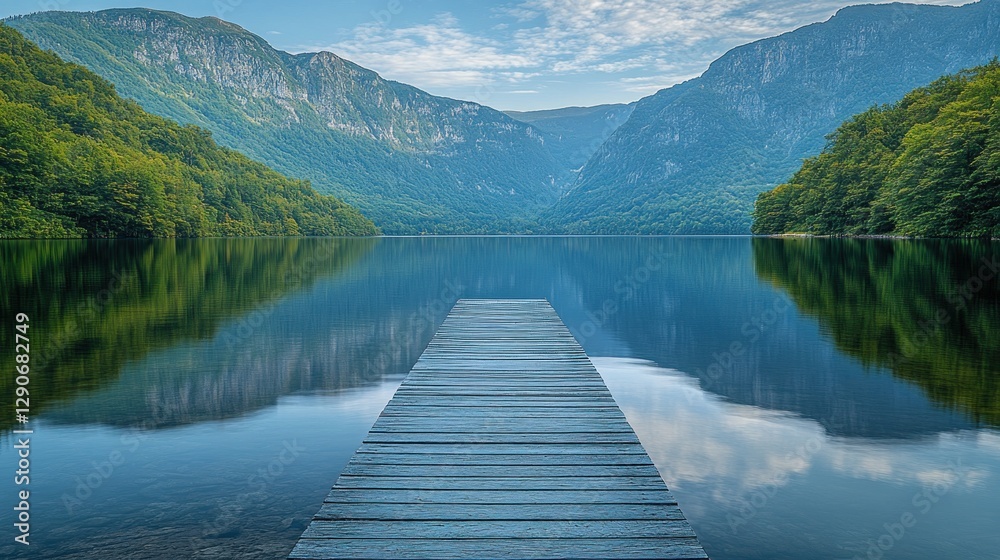 Serene Lakeside Pier Reflecting Mountains Serene Lakeside Pier Reflecting Mountains