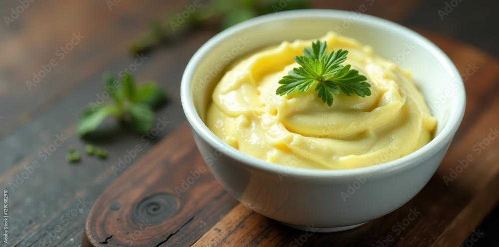 Elegant garlic herb butter in small white bowl, top view, dip, appetizer Elegant garlic herb butter in small white bowl, top view, dip, appetizer