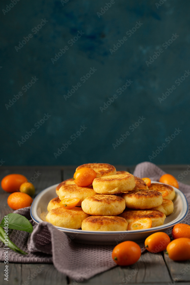 Delicious cheesecakes with delicious kumquats in a large oval plate, copy space