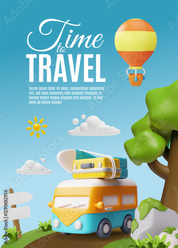 Time to travel 3D cartoon vector poster, baggage and surfboard on van roof, hot air balloon with basket flying in sky