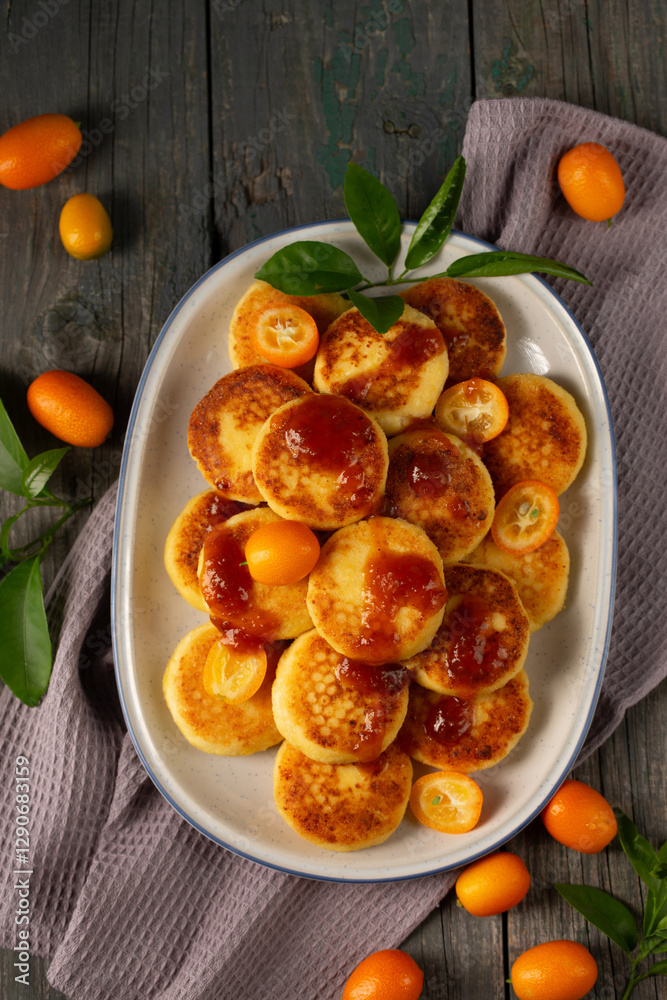 Delicious cheesecakes with delicious kumquats and citrus jam in a large oval plate, top view