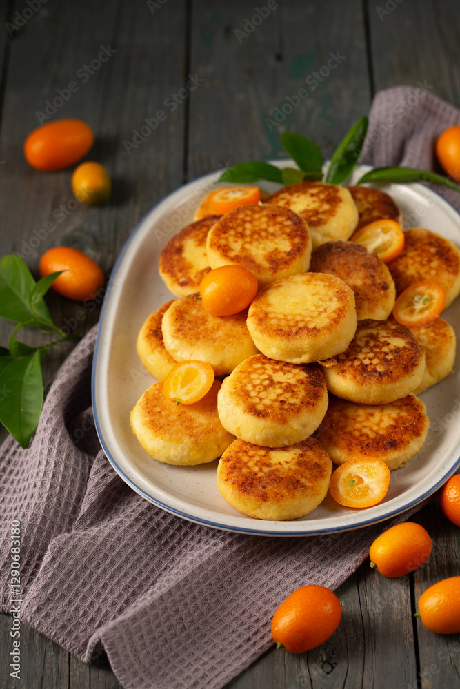 Delicious cheesecakes with kumquats in a plate