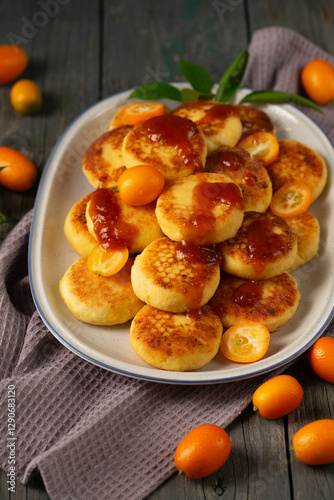 Delicious cheesecakes with delicious kumquats and citrus jam in a large oval plate