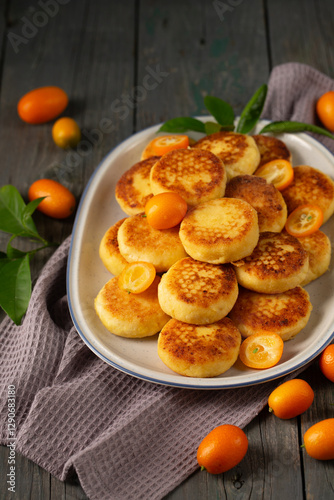 Obraz na płótnie Delicious cheesecakes with kumquats in a plate w salonie