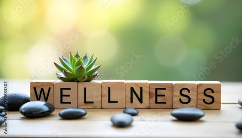 Wellness sign created with wooden cubes, complemented by delicate flowers and smooth stones, symbolizing peace and harmony for a calming, balanced lifestyle.
