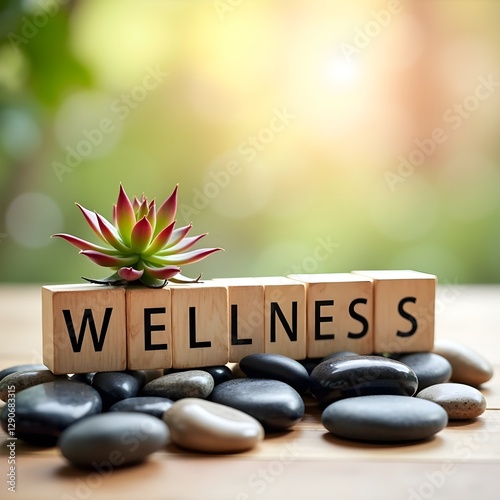 Wellness sign created with wooden cubes, complemented by delicate flowers and smooth stones, symbolizing peace and harmony for a calming, balanced lifestyle.
