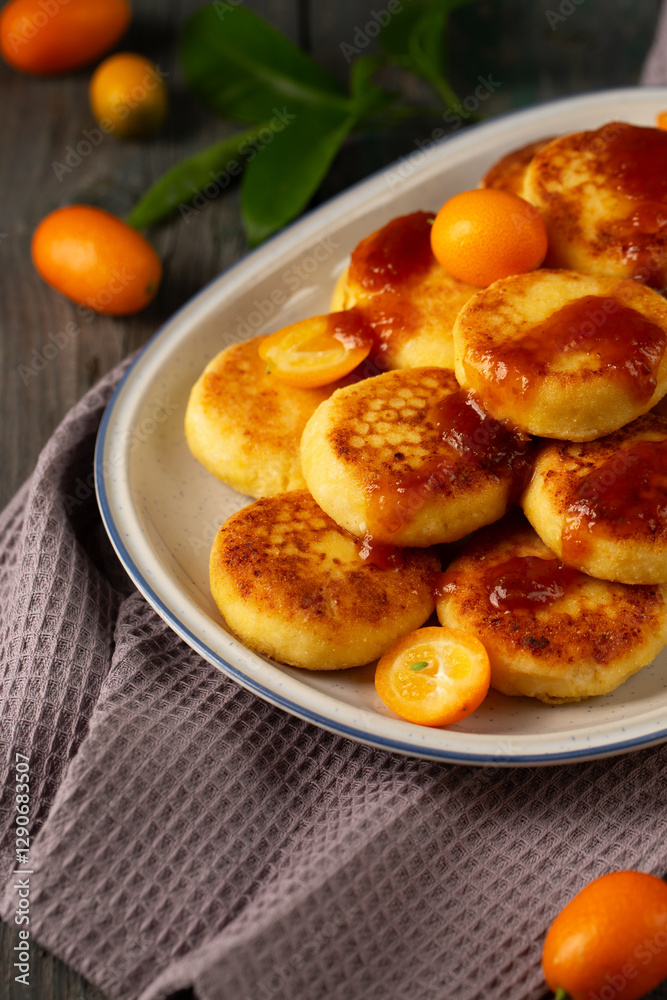 Delicious cheesecakes with kumquats and citrus jam, close-up