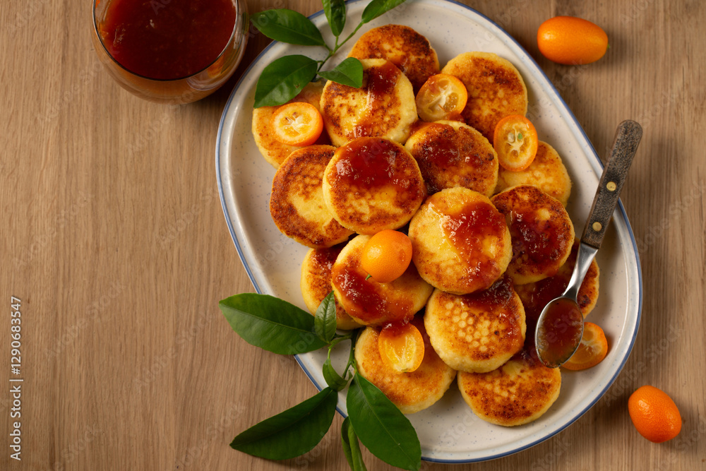 Delicious homemade pancakes with cottage cheese, kumquat jam and fruits on a wooden table, top view