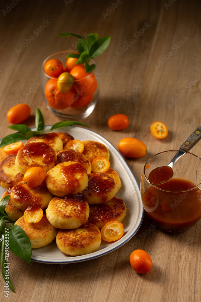 Delicious pancakes with cottage cheese, kumquat jam and fruits on a table