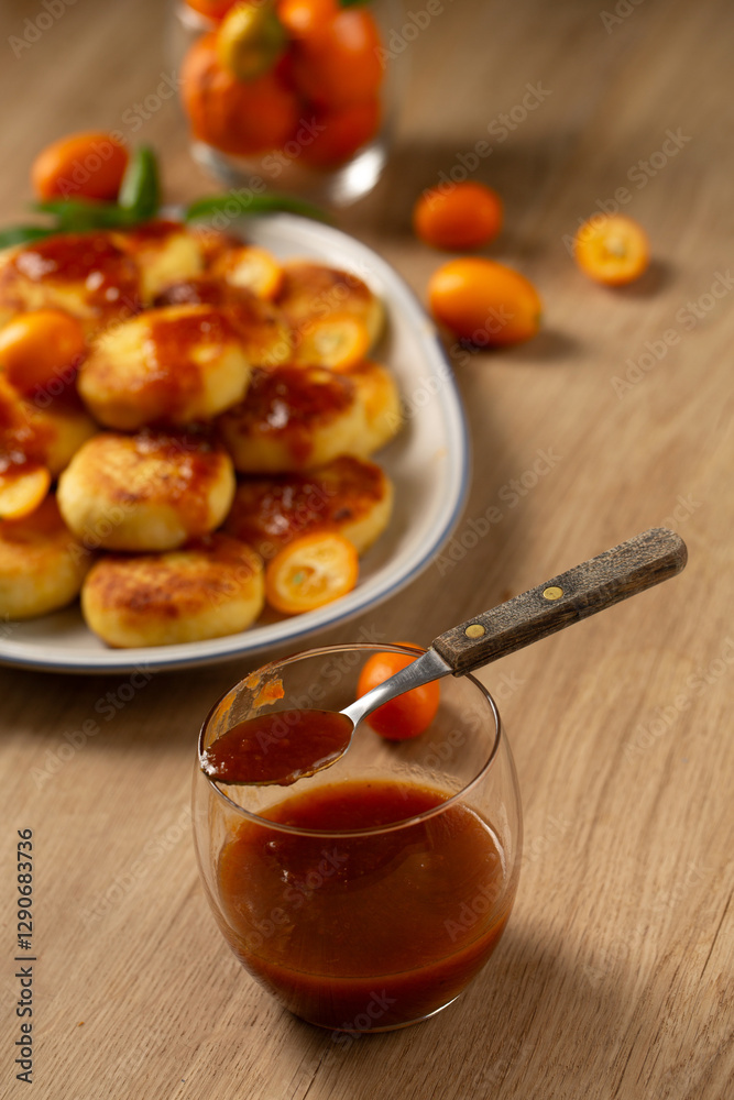 Citrus jam in a glass served with homemade cheese pancakes