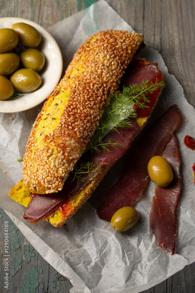 Burger with ciabatta with turmeric and bastrum, top view