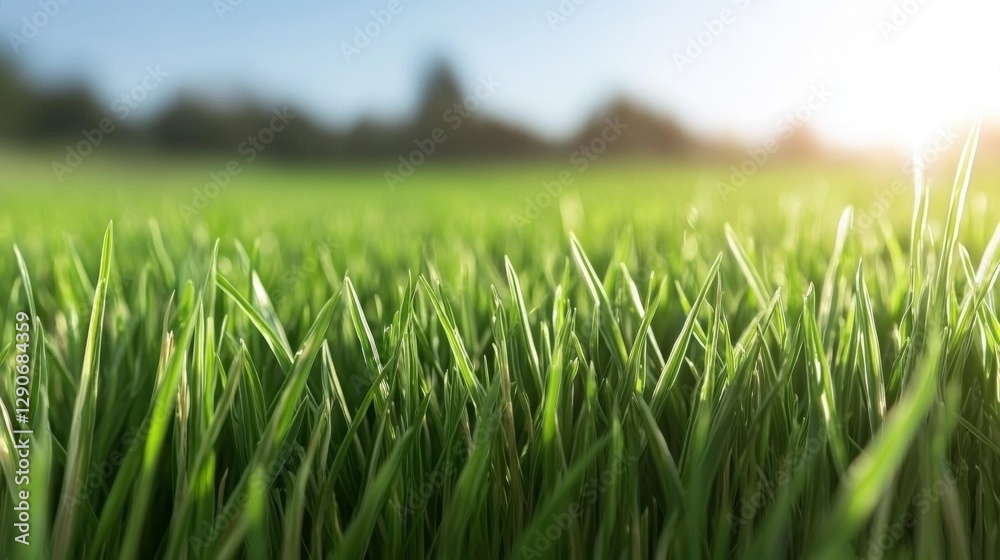 Fototapeta premium Lush Green Grass Meadow Sunny Day Nature Background