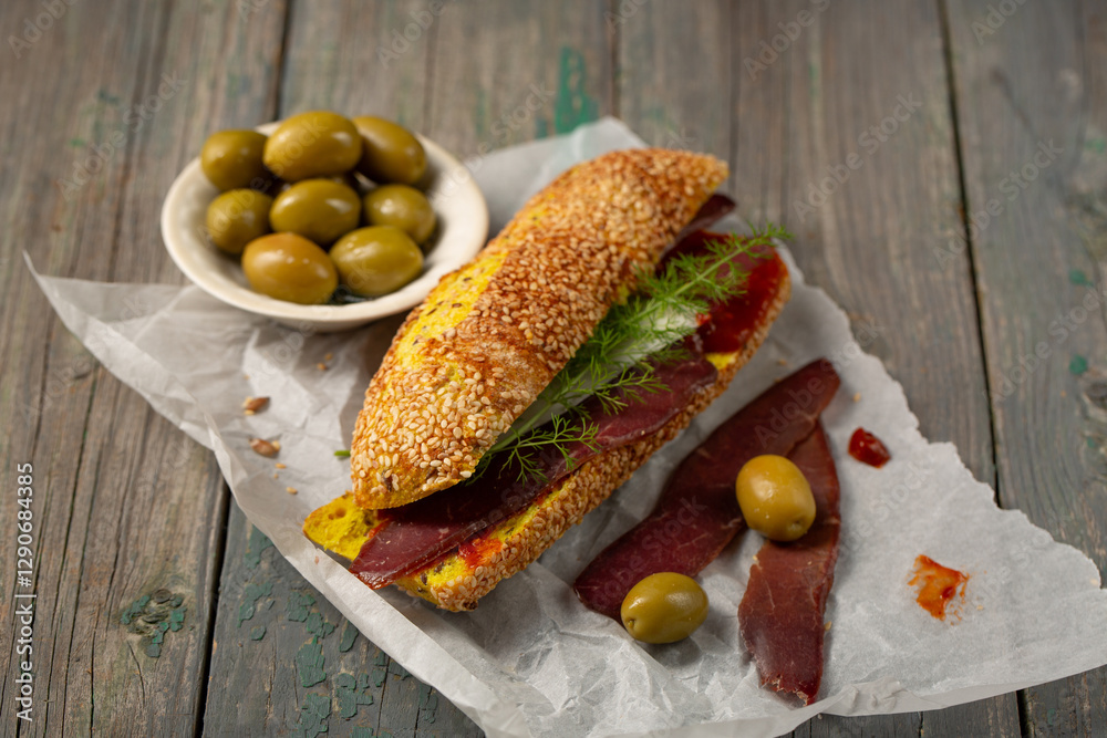 Burger with ciabatta with turmeric, bastrum and olives