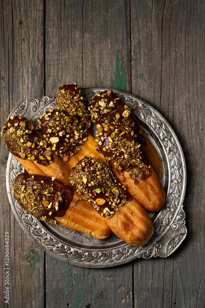 Chocolate and pistachio eclair on a plate