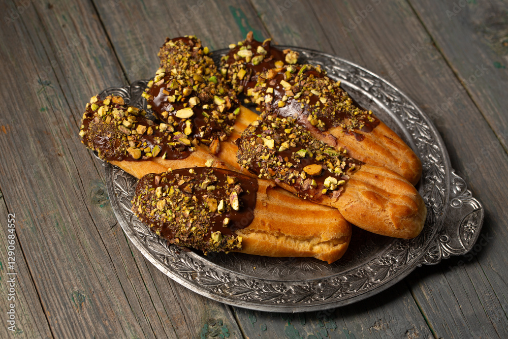 Chocolate and pistachio eclair on a vintage metal plate