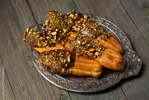 Obraz na płótnie Chocolate and pistachio eclair on a vintage metal plate w salonie