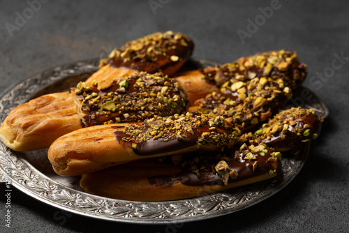 Chocolate and pistachio eclair cookies