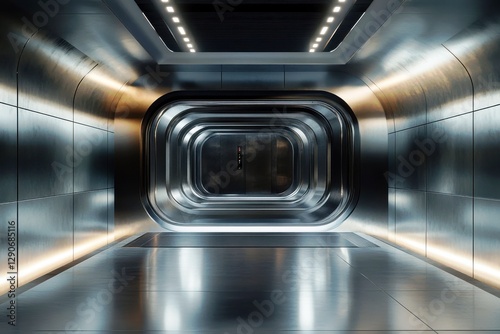 Futuristic Metallic Corridor with Sleek Design and Lighting Effects