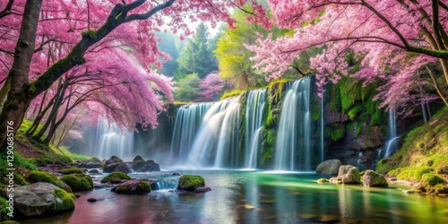 A serene waterfall cascading in a lush forest with vibrant cherry blossom trees surrounding it, their delicate petals gently swaying in the breeze , cherry blossoms, forest