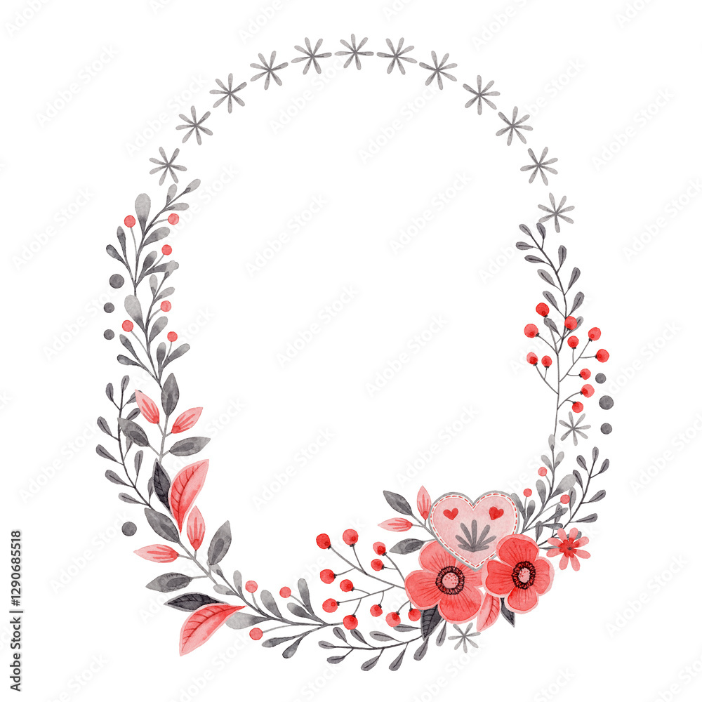 Obraz premium Oval wreath with brunch and flower in folk style. Stylized illustration in red and gray colors for wedding invitation creating. Hand drawn composition is perfect for romantic and love card design.