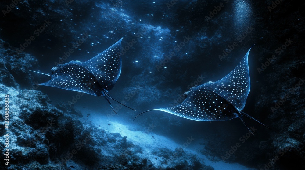 Fototapeta premium Eagle Ray Swimming Underwater in Galapagos Islands. Aquatic Animal with Blue Coastline Background