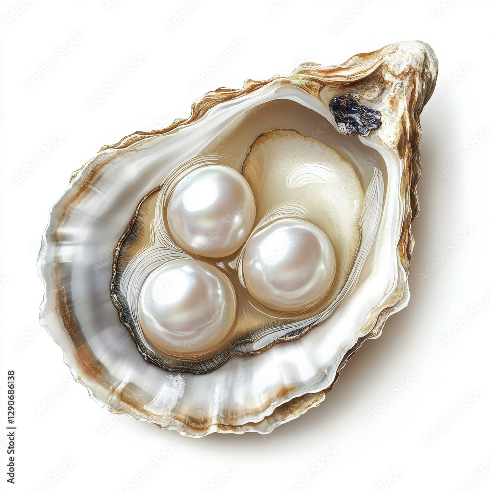 beautiful oyster shell opened to reveal three perfect pearls, showcasing nature elegance and beauty. smooth surface and iridescent sheen of pearls create stunning visual beautiful oyster shell opened to reveal three perfect pearls, showcasing nature elegance and beauty. smooth surface and iridescent sheen of pearls create stunning visual