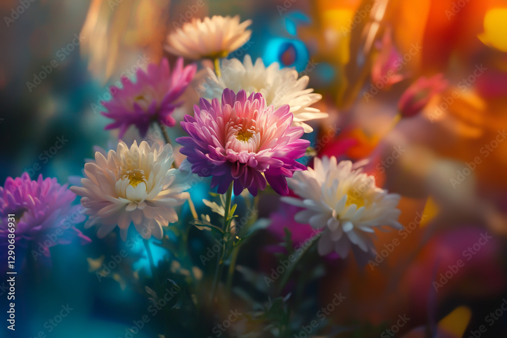 A surreal photograph of colorful chrysanthemums in the center, surrounded by flowers and plants with a blurred background.