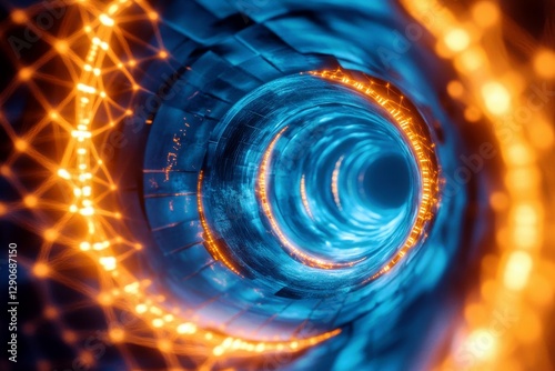Abstract digital tunnel with glowing lights and swirling patterns, creating a futuristic atmosphere of connectivity and innovation