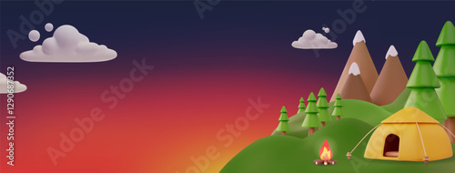 Camping on the hill, forest and mountains, tourist tent and bonfire, summer night travel 3D cartoon vector illustration