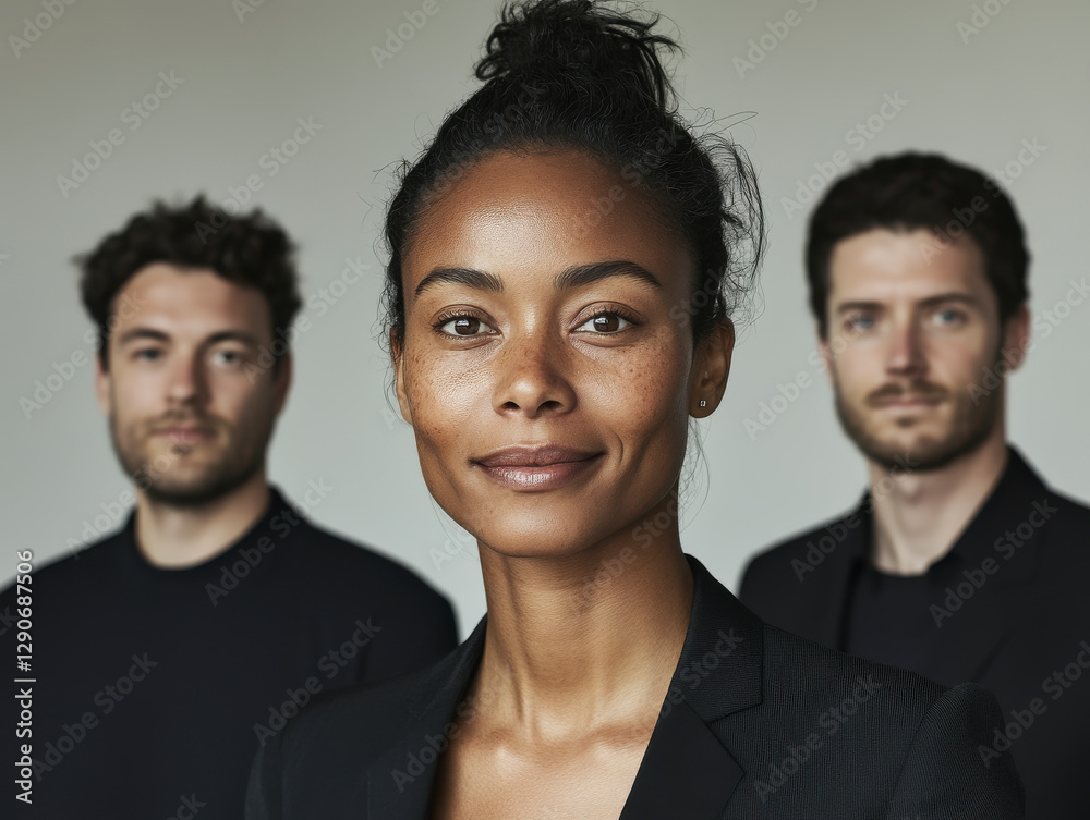 Professional woman in the foreground with her team in the background, showing strength and confidence. Professional woman in the foreground with her team in the background, showing strength and confidence.