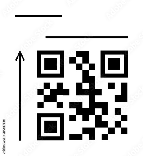 QR code with black arrow and lines symbolizes modern navigation. Ideal for tech, connectivity, innovation, information access, digital interaction, simplicity. Line metaphor