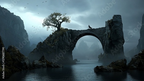 Ancient stone arch bridge over misty river in a dramatic landscape.